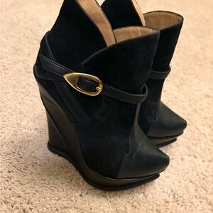 Chic Black Wedge Ankle Boots with Gold Buckle